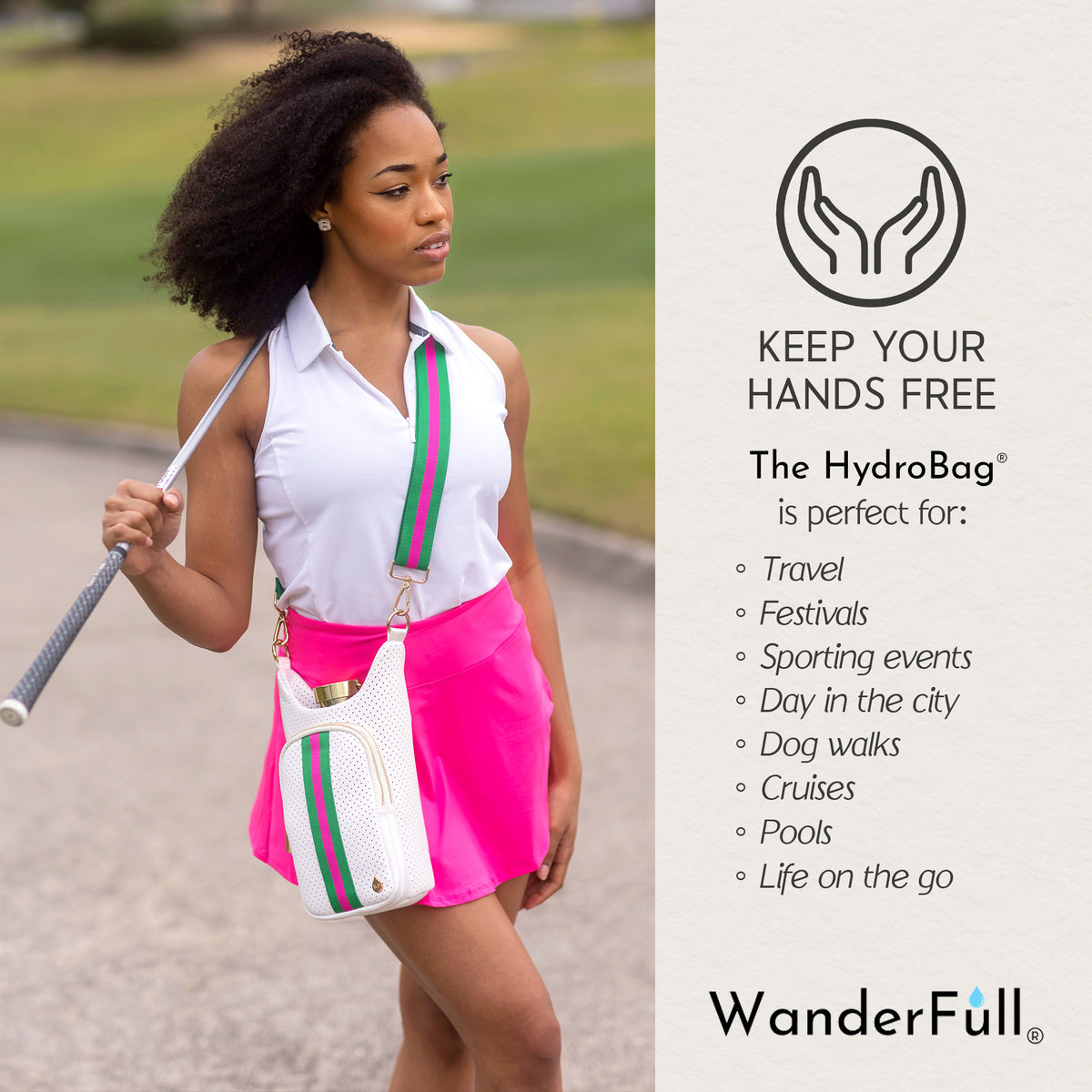 White HydroBag with green-and-pink strap worn crossbody on a woman in pink shorts