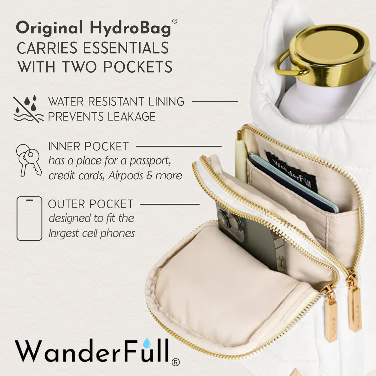 White HydroBag with open top showing inner pockets and a gold bottle inside