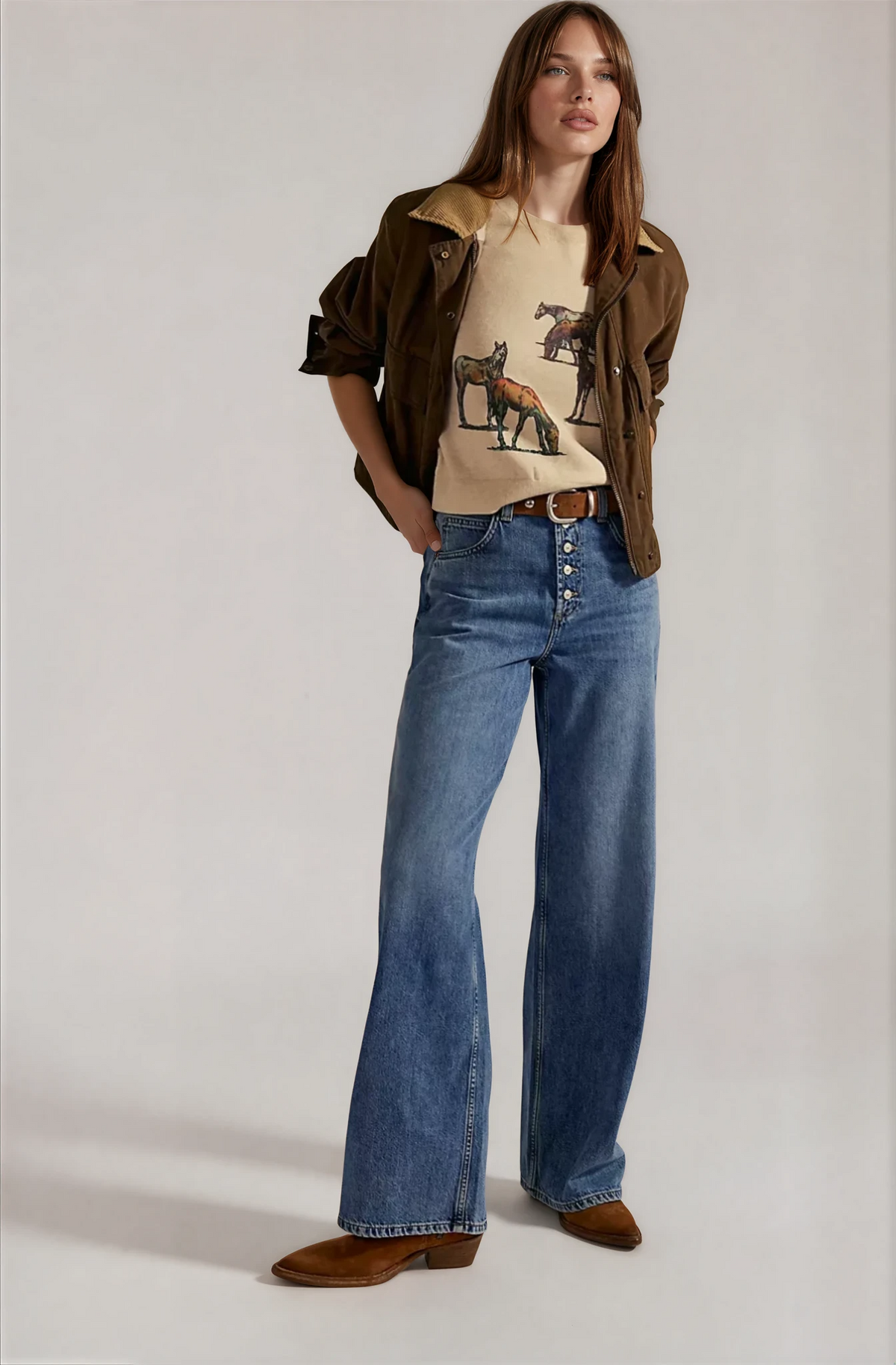 Light blue boyfriend jeans with wide straight legs and button front closure