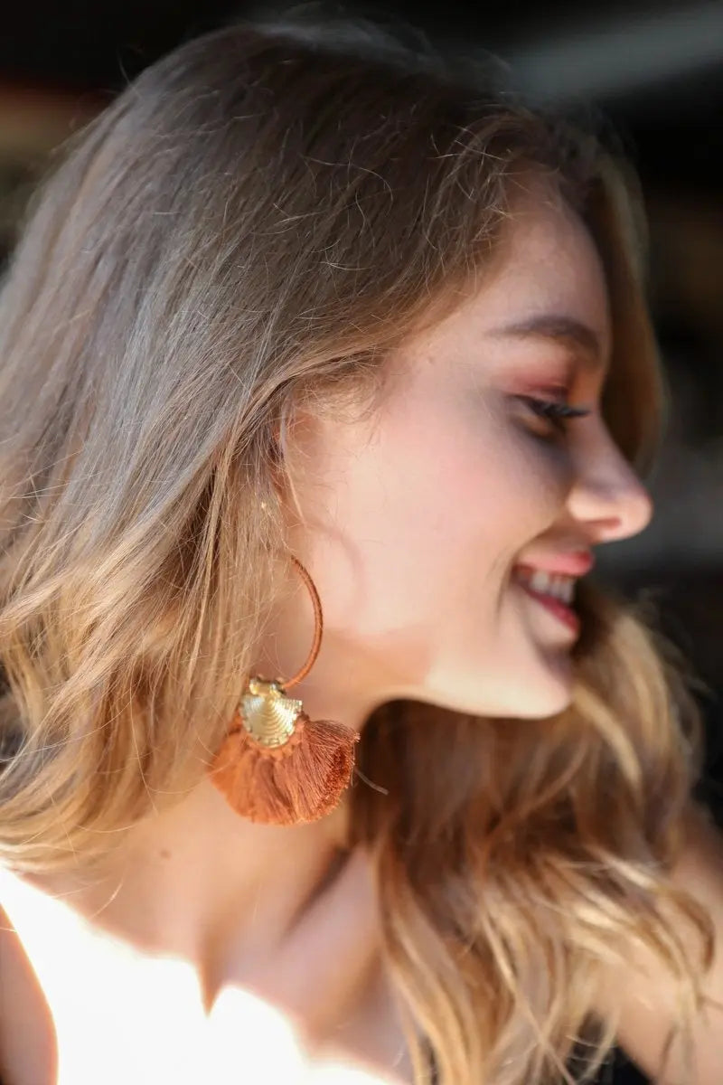 Gold hoop drop fan tassel earrings with terracotta fringe