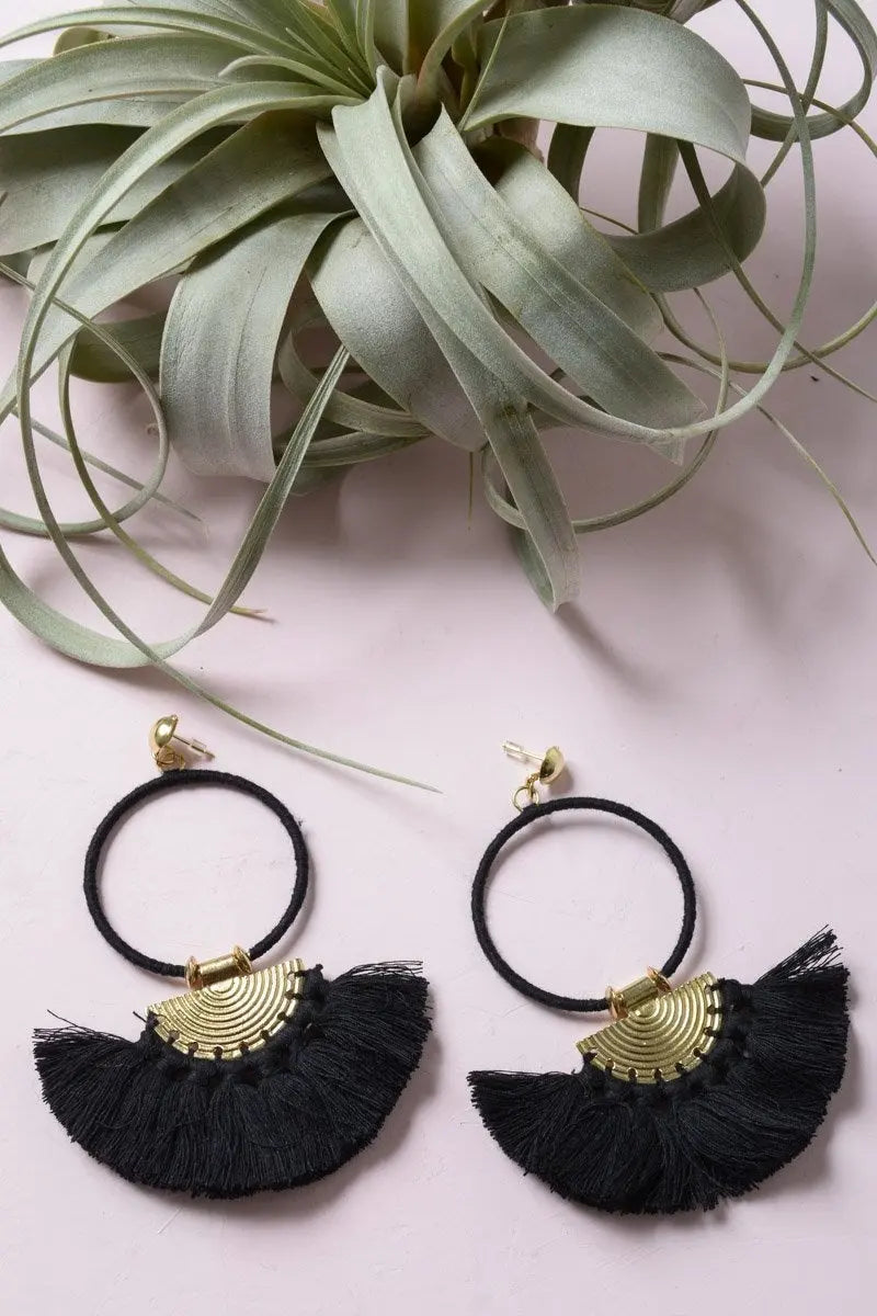 Pair of tassel fan drop earrings with gold accents and black fabric fan tassels