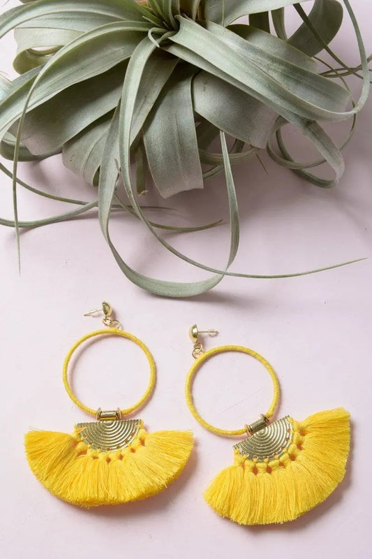 Gold hoop fan tassel earrings with yellow fringe