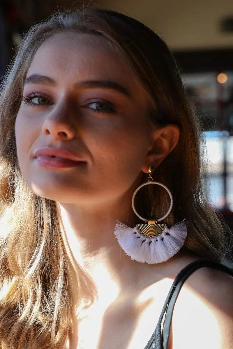 Tassel fan drop earrings with gold hoop and light fabric fan tassel