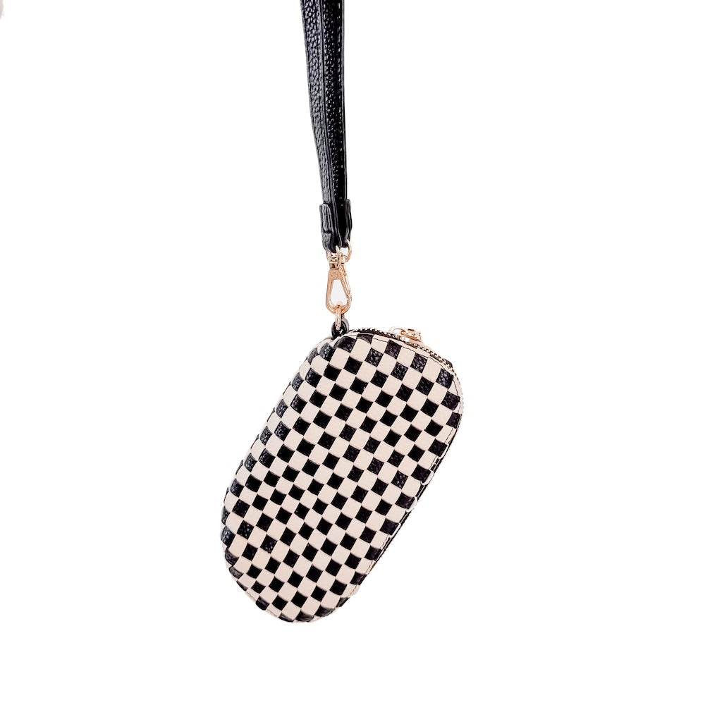 Checkered woven sunglass case wristlet with black strap and gold hardware