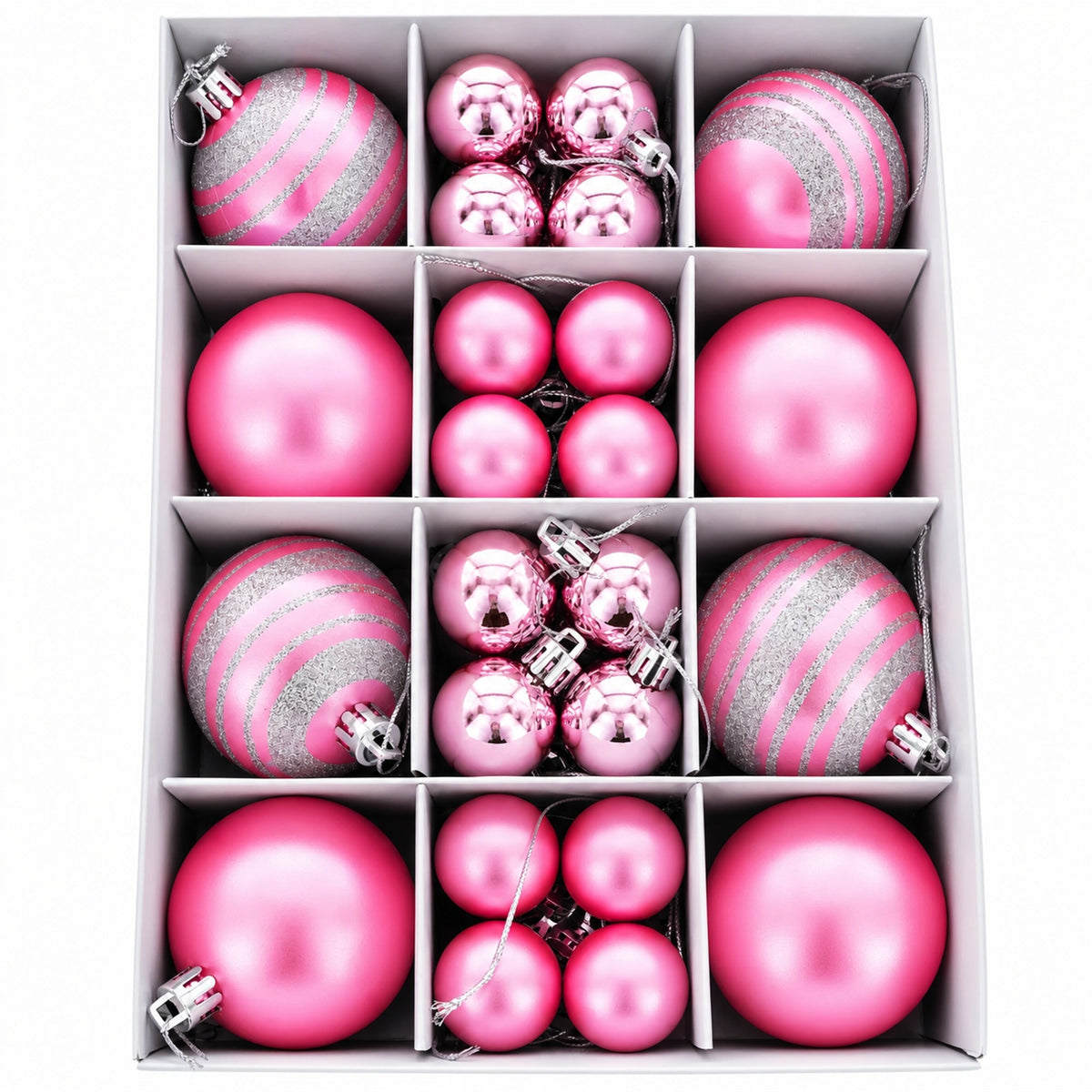Set of pink mini plastic Christmas ornaments in a divided gift box