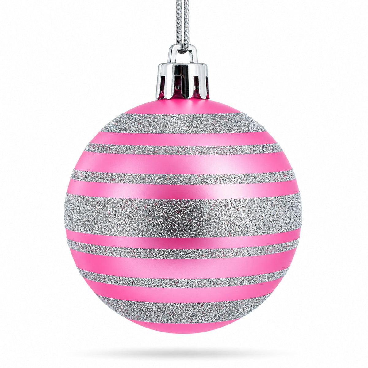 Pink and gray glitter striped mini Christmas ornament ball with silver cap and loop