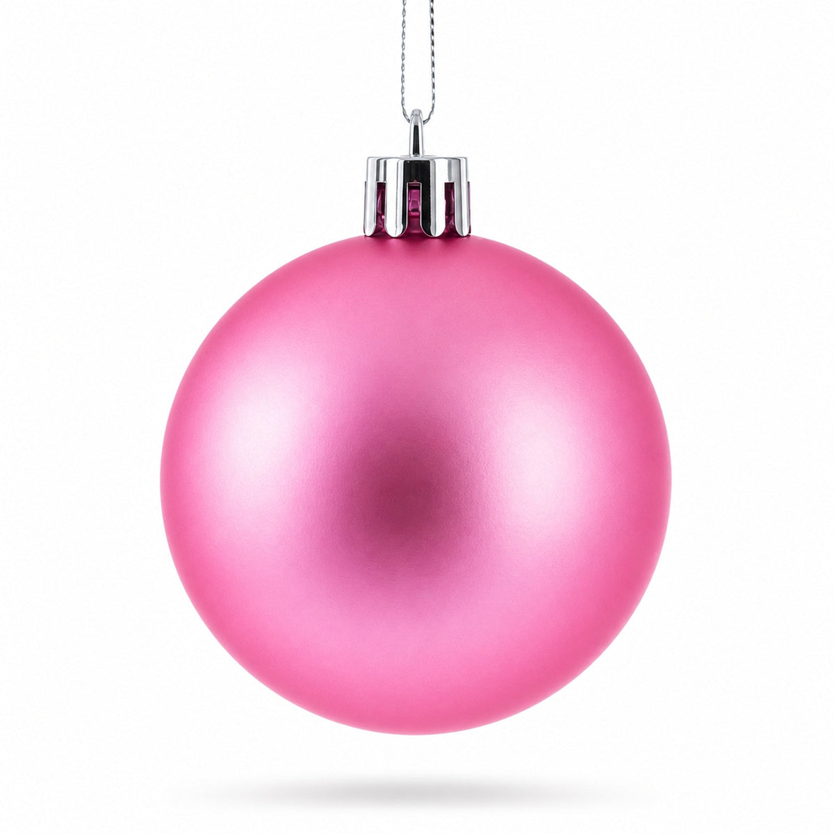 Pink mini plastic Christmas ornament ball with silver cap and hanging cord