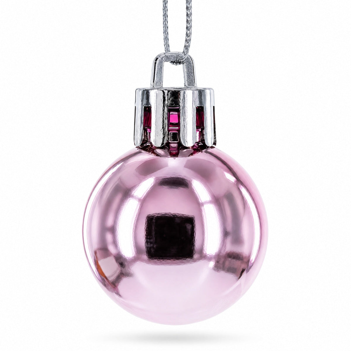 Rose-pink mini plastic Christmas ornament ball with silver cap and hanging loop