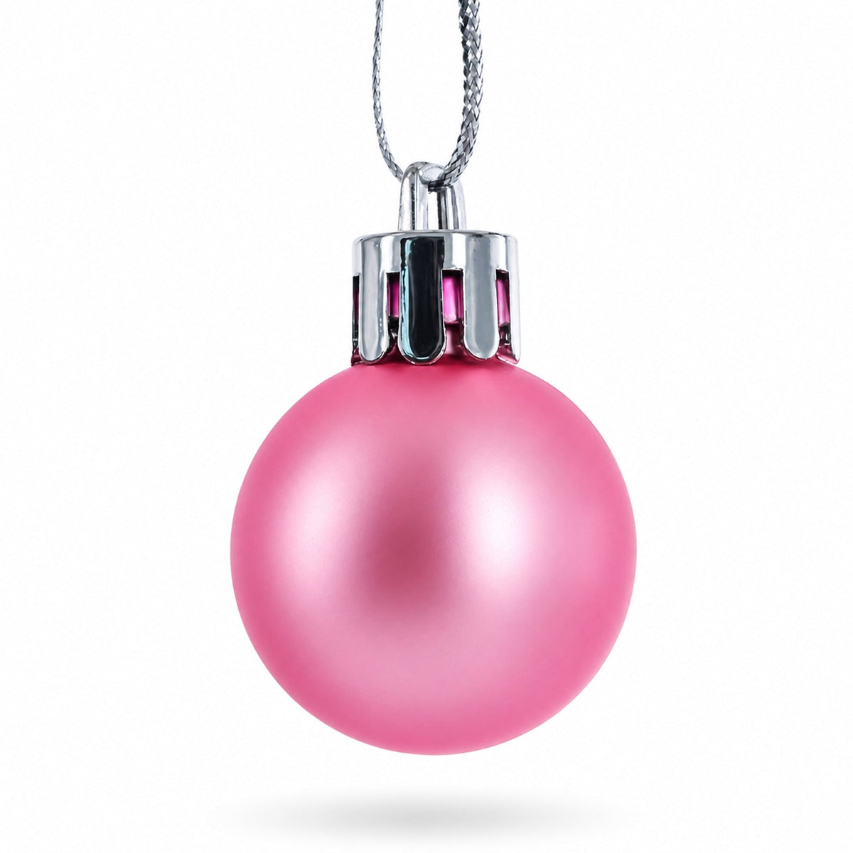 Pink mini plastic Christmas ornament ball with silver cap and hanging cord, close view