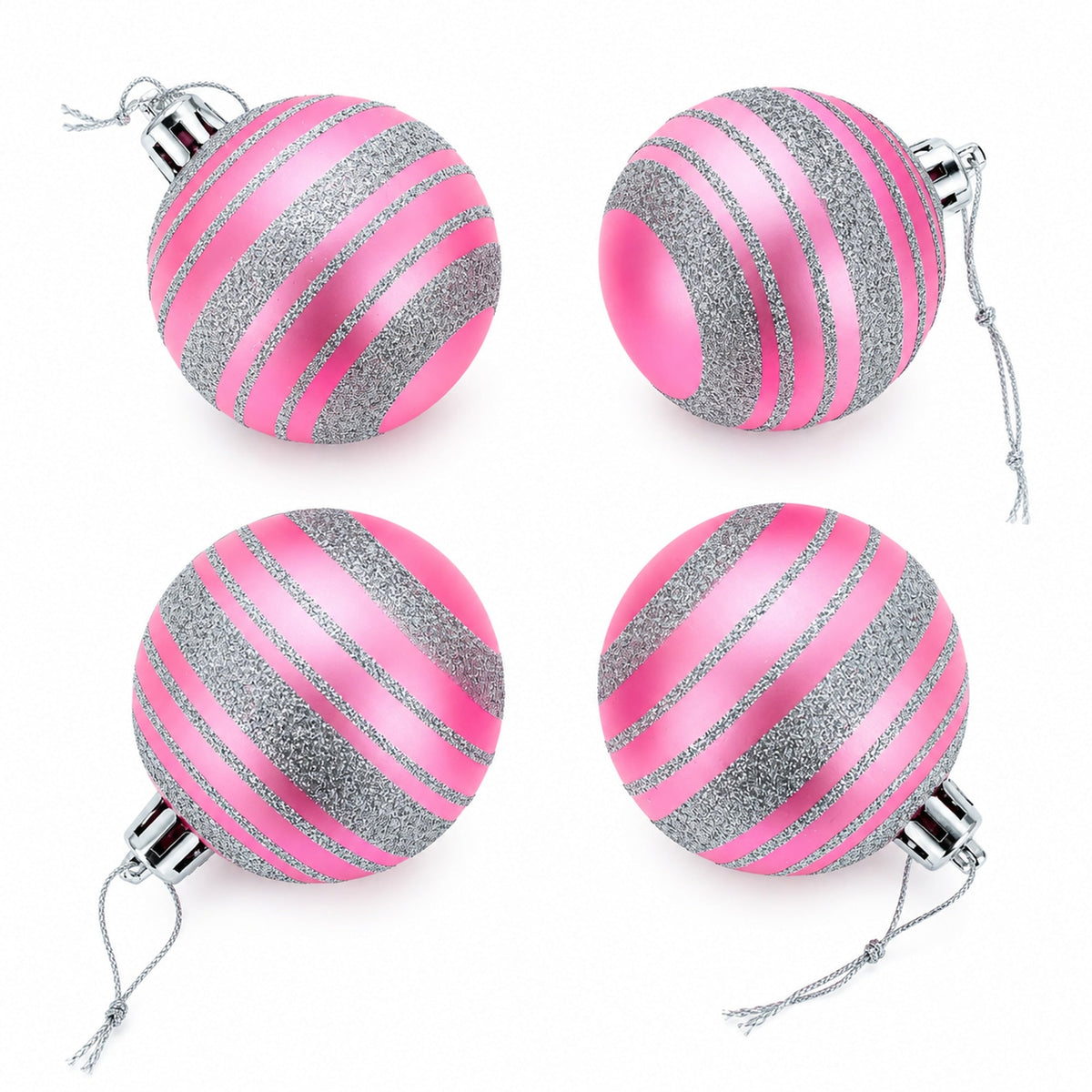 Set of pink and gray glitter striped mini Christmas ornament balls with silver caps
