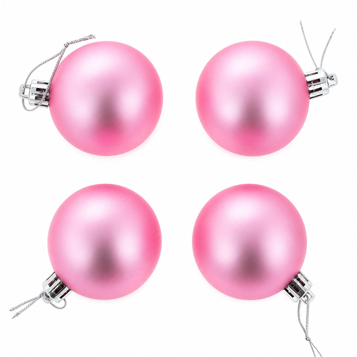 Set of pink mini plastic Christmas ornament balls with silver caps and hanging loops