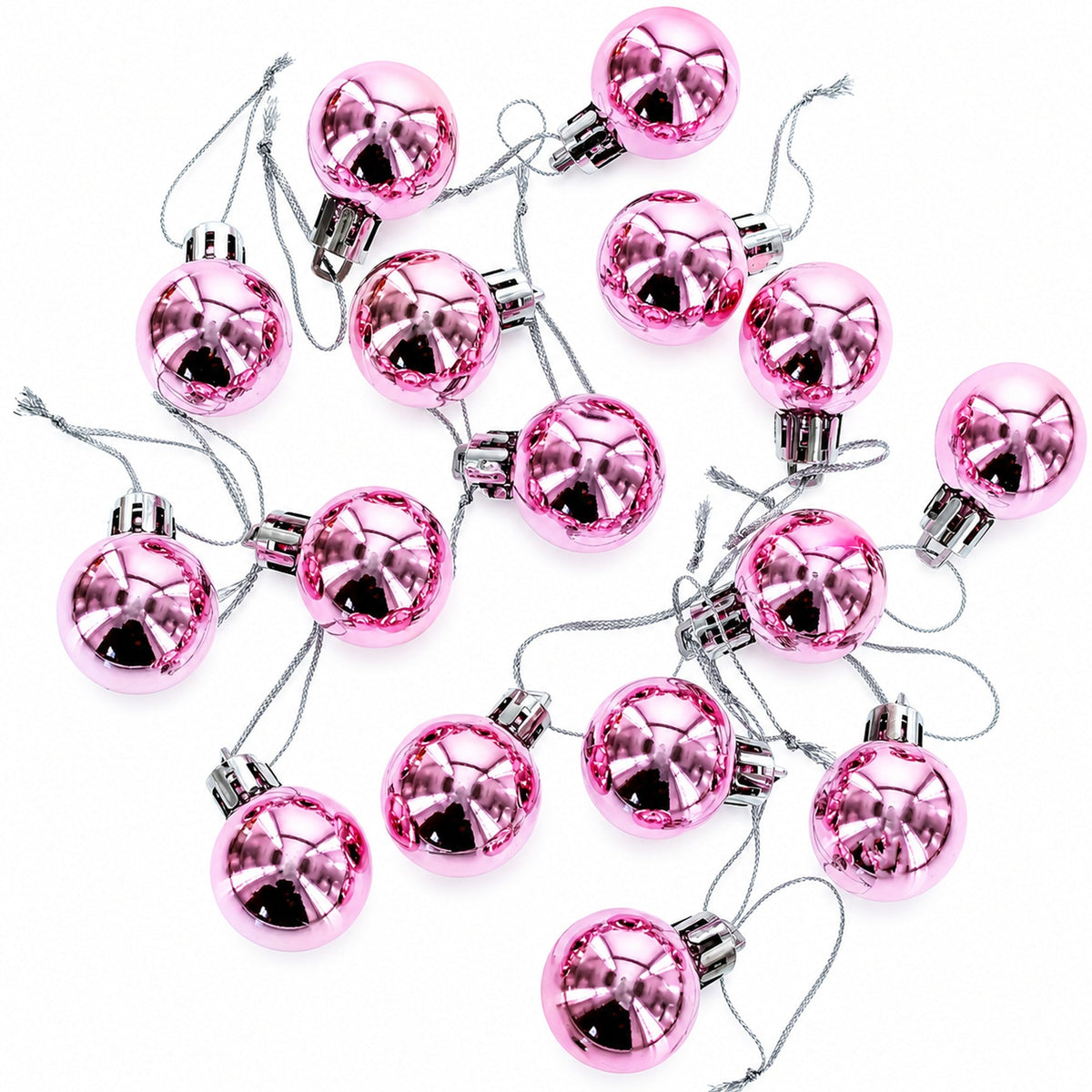 Set of shiny pink mini plastic Christmas ornament balls with silver caps and hanging cords