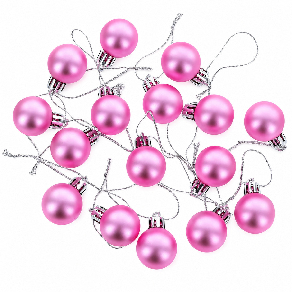 Pink mini plastic Christmas ornament balls with silver caps and hanging strings, assorted