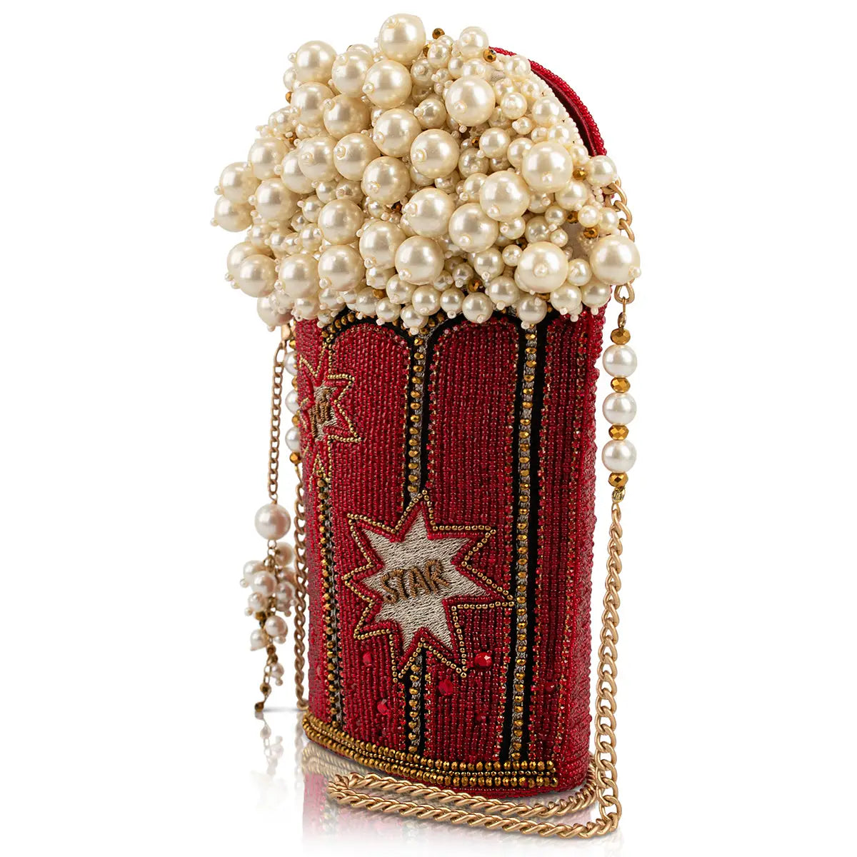 Beaded popcorn-style handbag with pearl top, red striped front, star embellishments