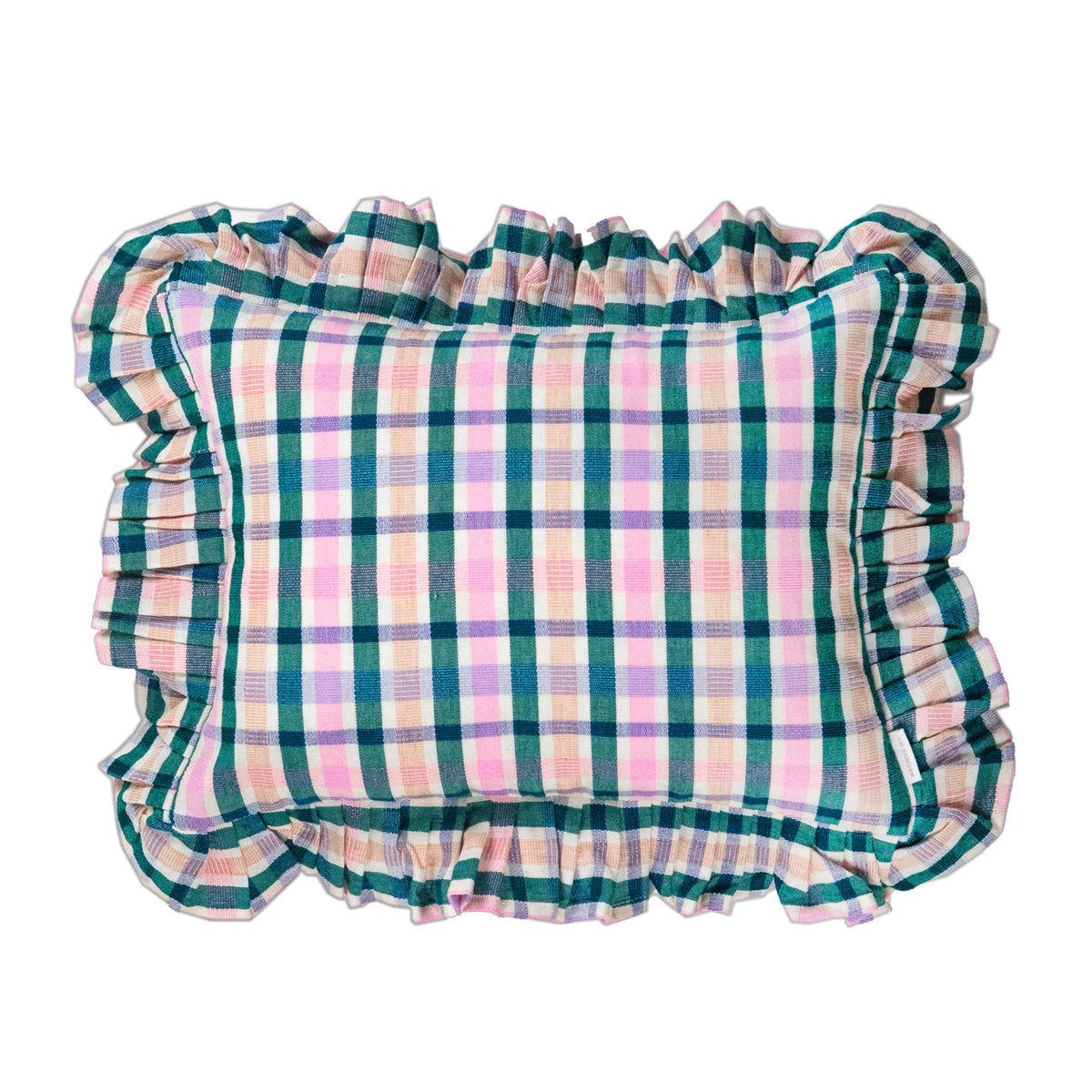 Plaid ruffle pillow with colorful grid pattern and gathered edges