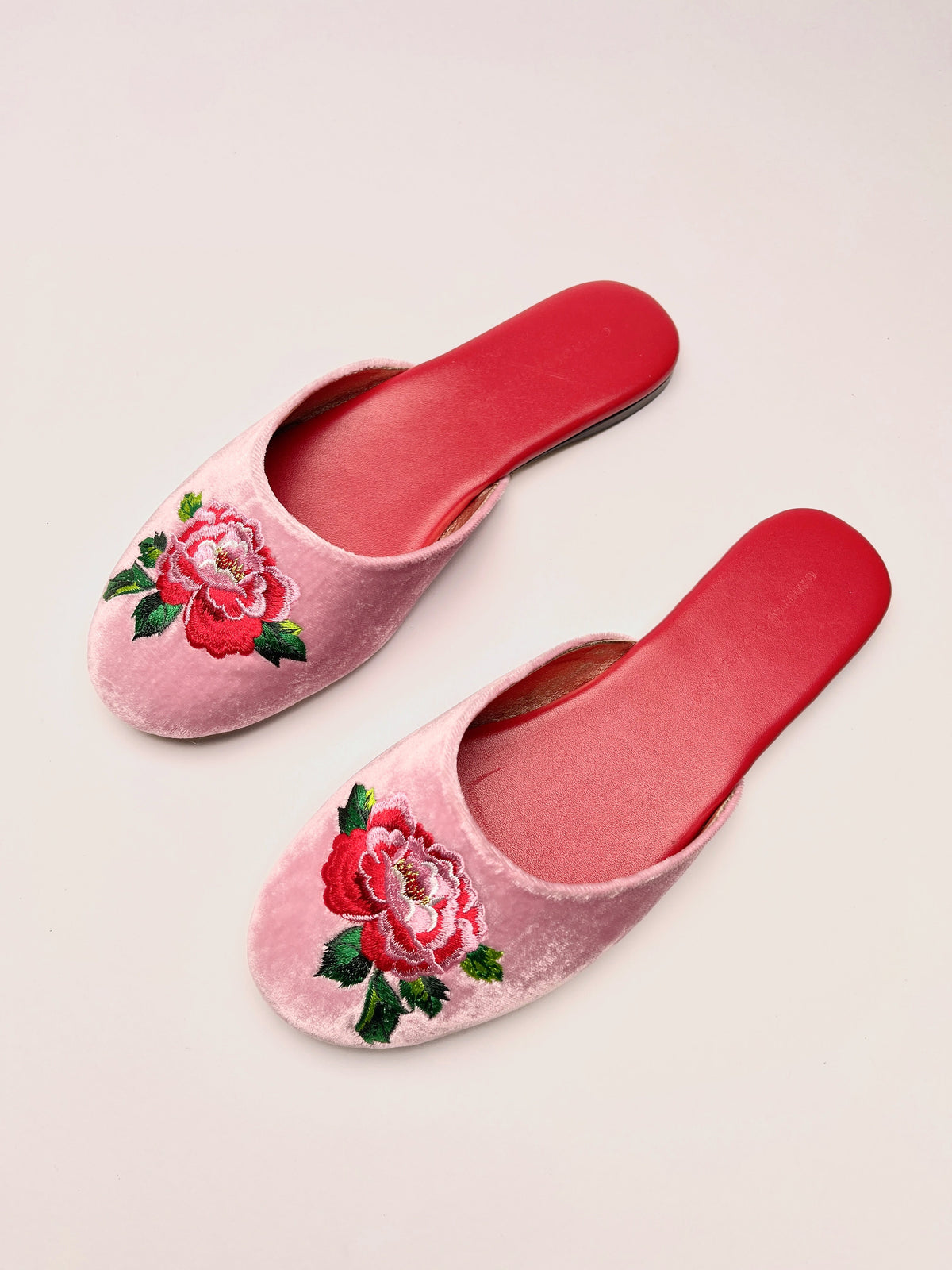 Lavender pink embroidered velvet mules with peony flowers, red footbeds, slip-on style