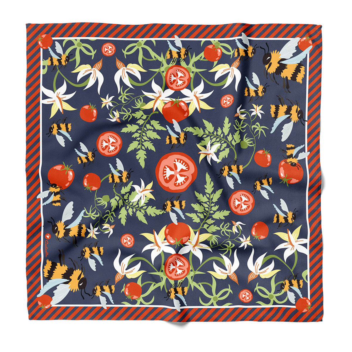 Cotton silk bandana with navy floral, fruit and animal print; orange striped border