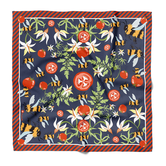 Cotton silk bandana with navy floral, fruit and animal print; orange striped border
