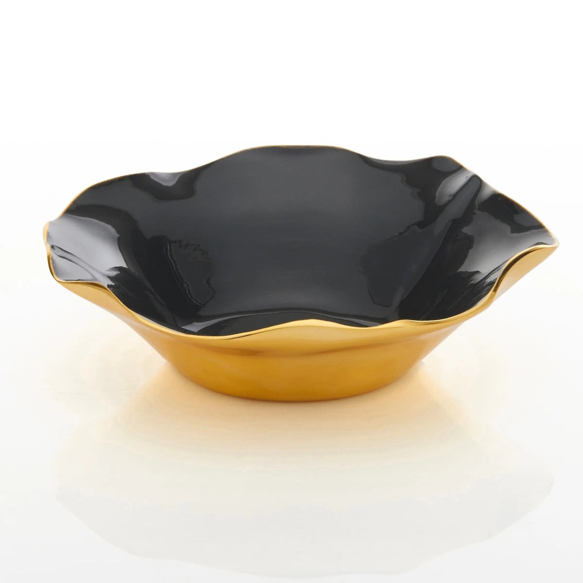 Ruffled graphite bowl with wavy edge, black interior, and gold outer base