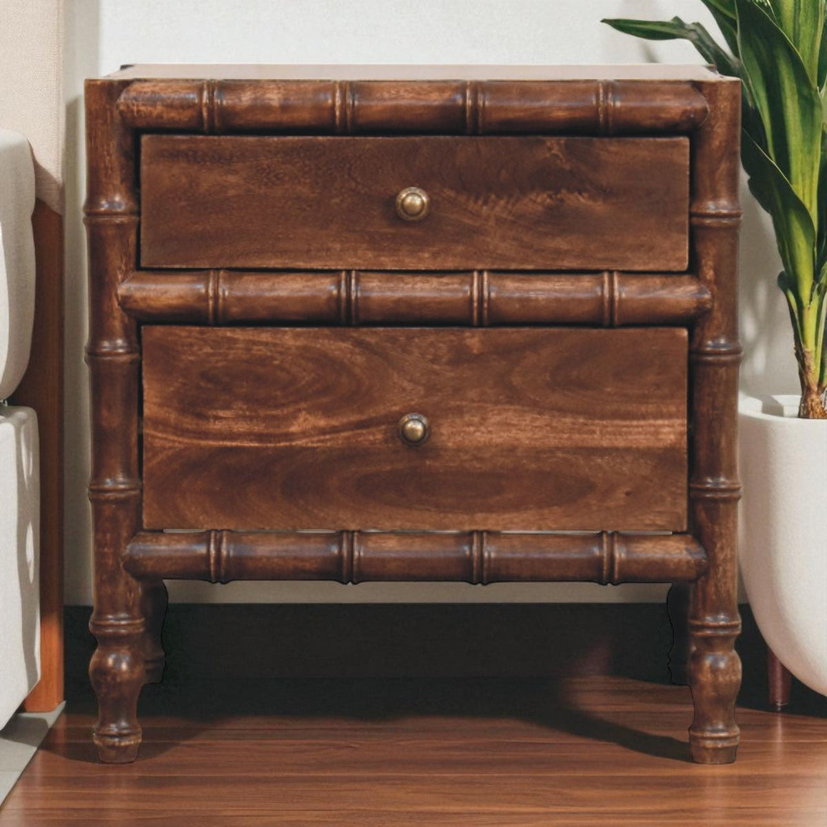 Brown bamboo-frame wood nightstand with two drawers, each with round metal knob