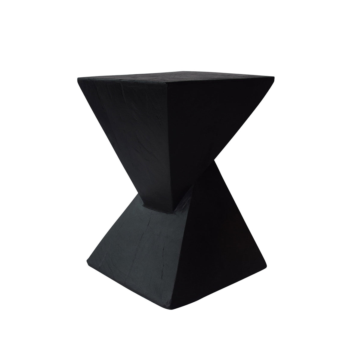 Black hourglass side table with a broad square top and flared base