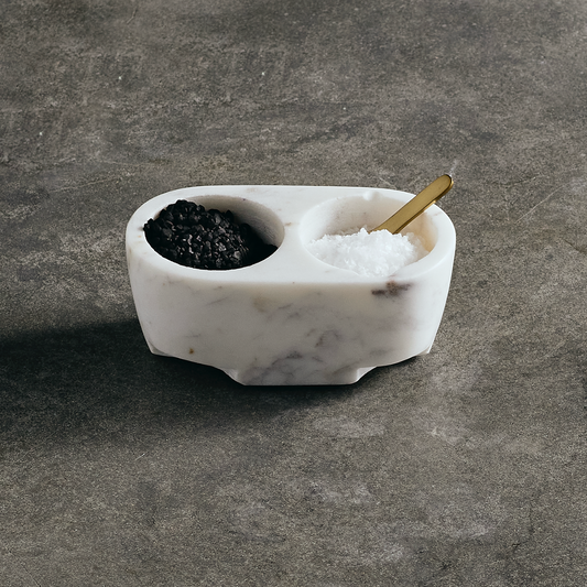 Marble salt and pepper cellar set with two wells and wooden scoops, black pepper and salt