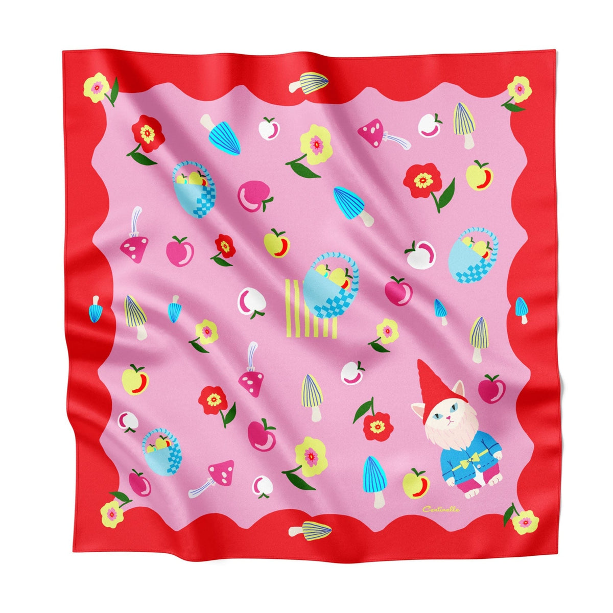 Silk square scarf with red border and pastel fruit, flowers, and cat illustrations