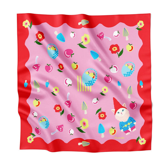 Silk square scarf with red border and pastel fruit, flowers, and cat illustrations