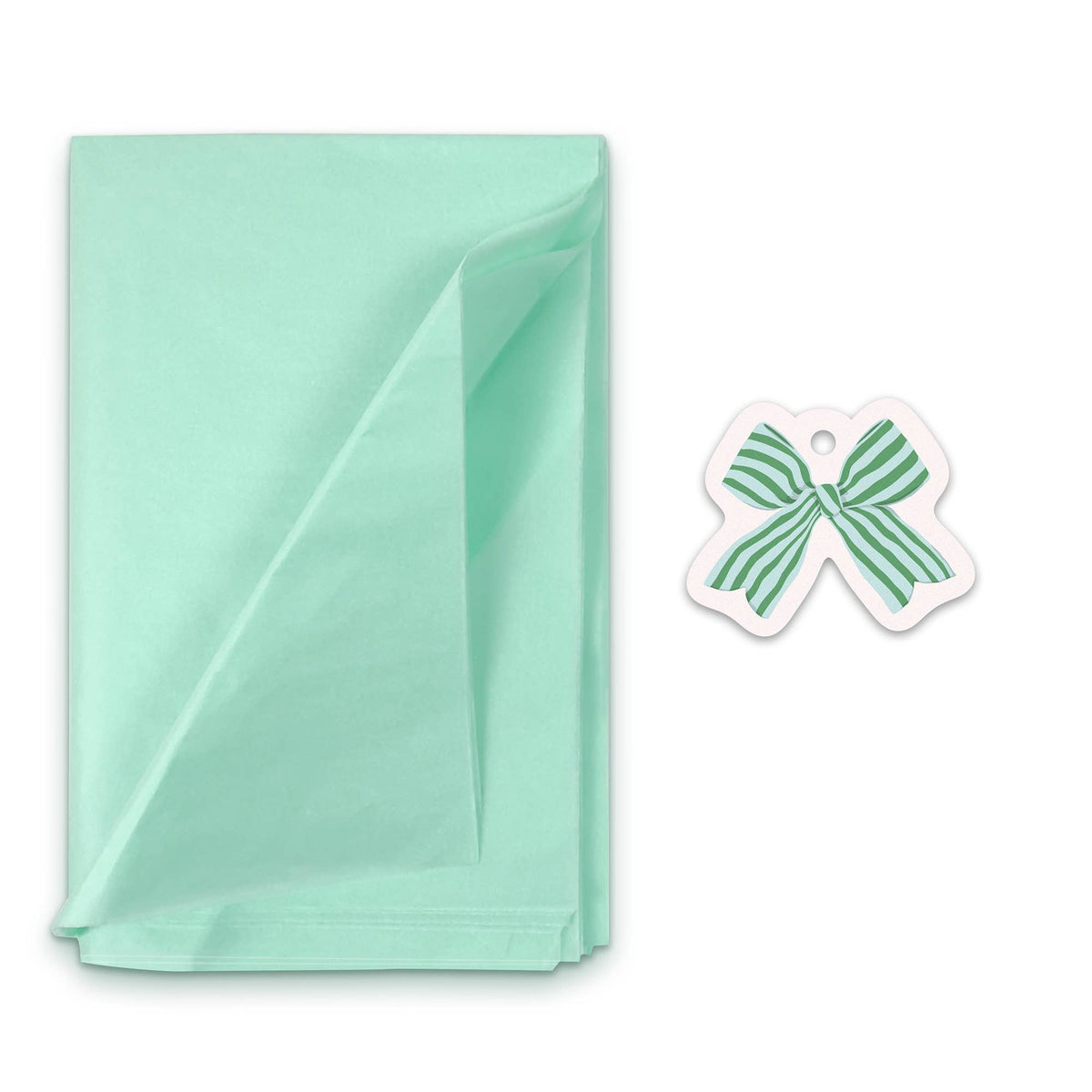 Mint tissue paper and bow-shaped gift tag in green and white