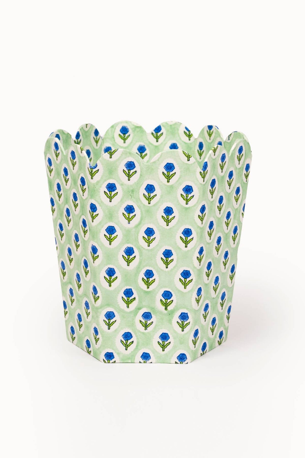 Mint collapsible block-print storage and waste basket with blue leaf pattern