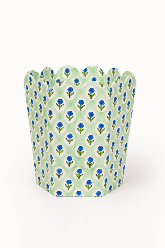 Mint collapsible block-print storage and waste basket with blue leaf pattern