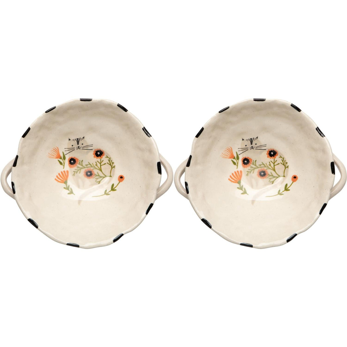 Set of 2 cream footed bowls with cat floral art and black dot rim handles
