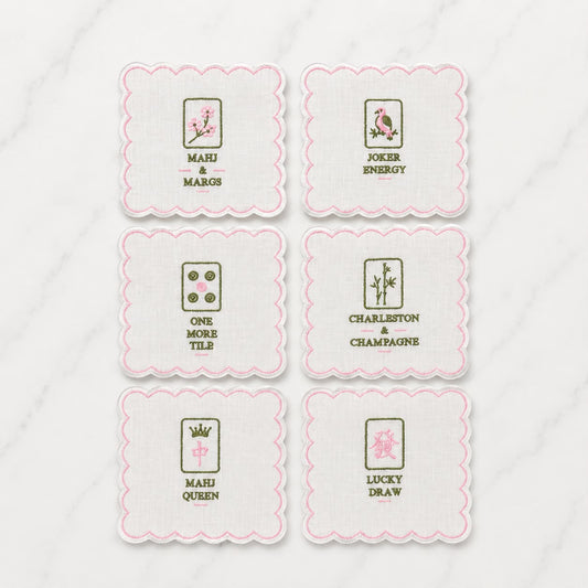 Set of 6 embroidered cocktail napkins, pink scalloped edges with six mahjong-themed panels