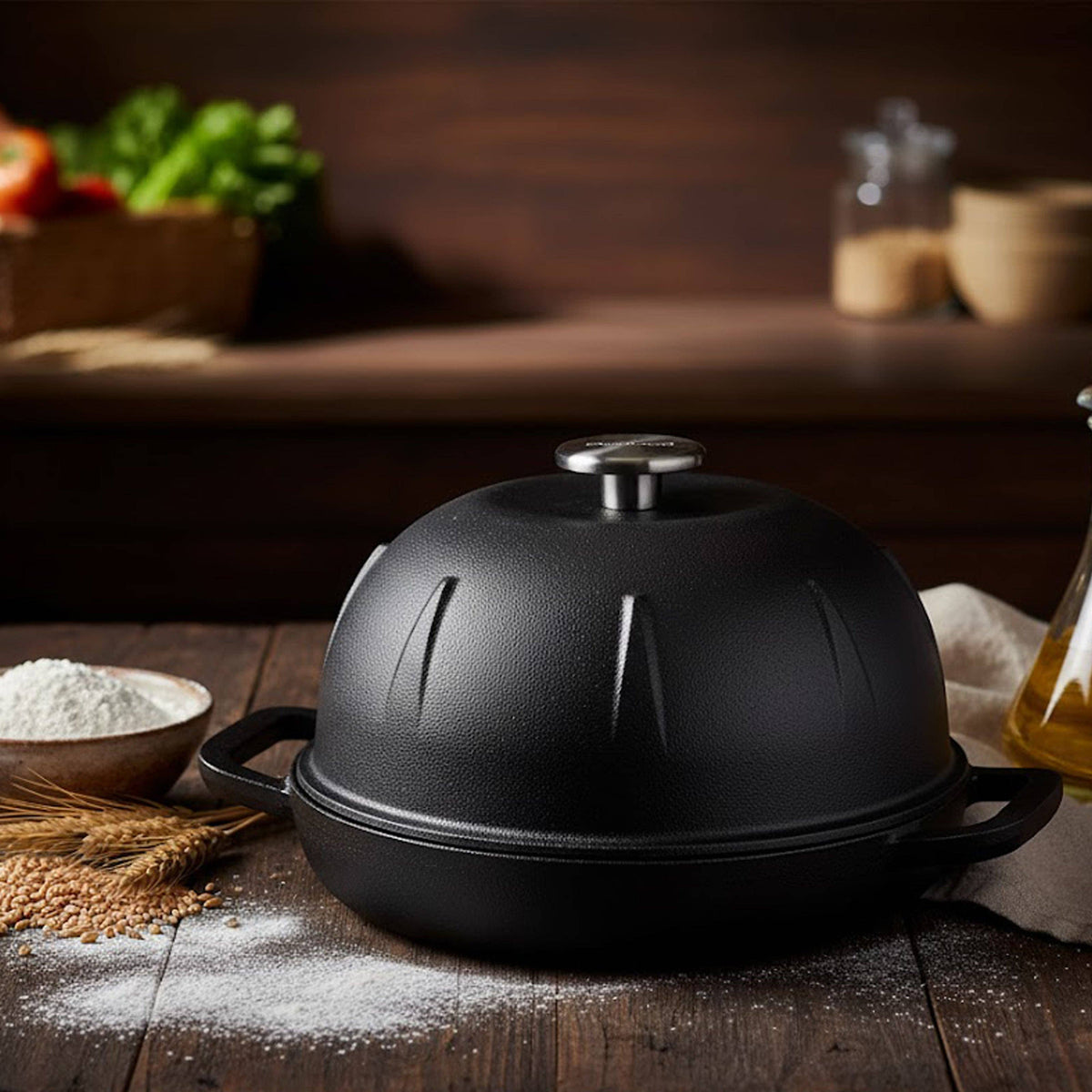Black cast iron bread cloche with dome lid over bread on kitchen counter