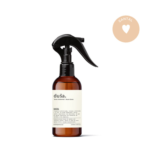 SANTAL 4 oz room & linen spray bottle with black mist trigger and amber liquid