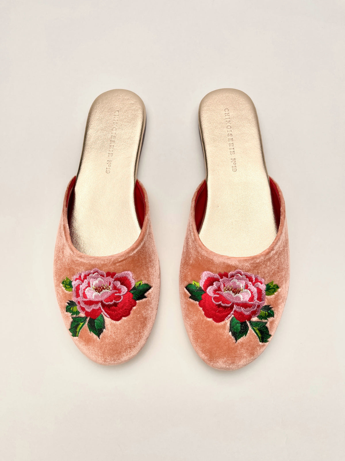 Peach velvet mule slippers with peony floral embroidery and cream insoles