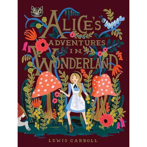 Hardcover children's storybook with Alice standing among colorful flowers and mushrooms