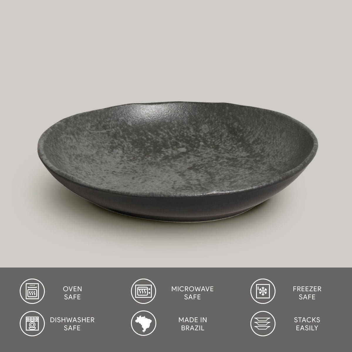 Dark gray reactive glazed pasta plate, shallow round bowl with glossy finish