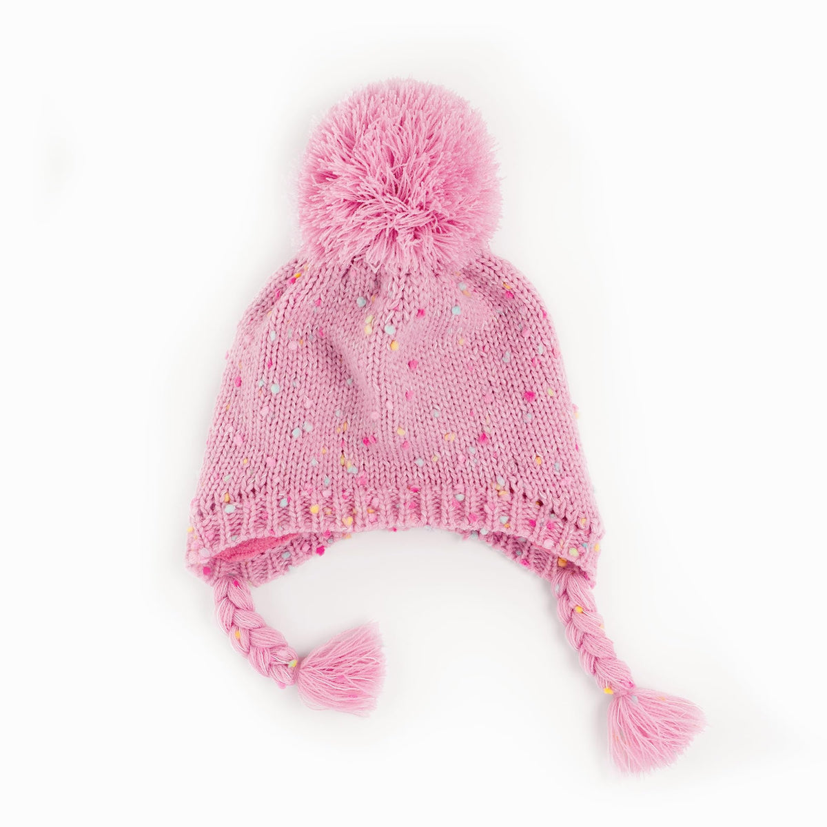 Pink flecked knit earflap hat with pom-pom and braided ties, shown from the back