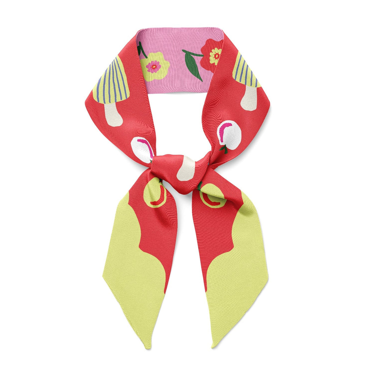 Twilly ribbon scarf in red, green, and yellow with cat and motif prints