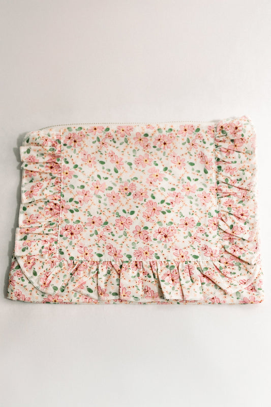Floral ruffle zipper pouch in pastel pink and green, gathered front ruffle detail