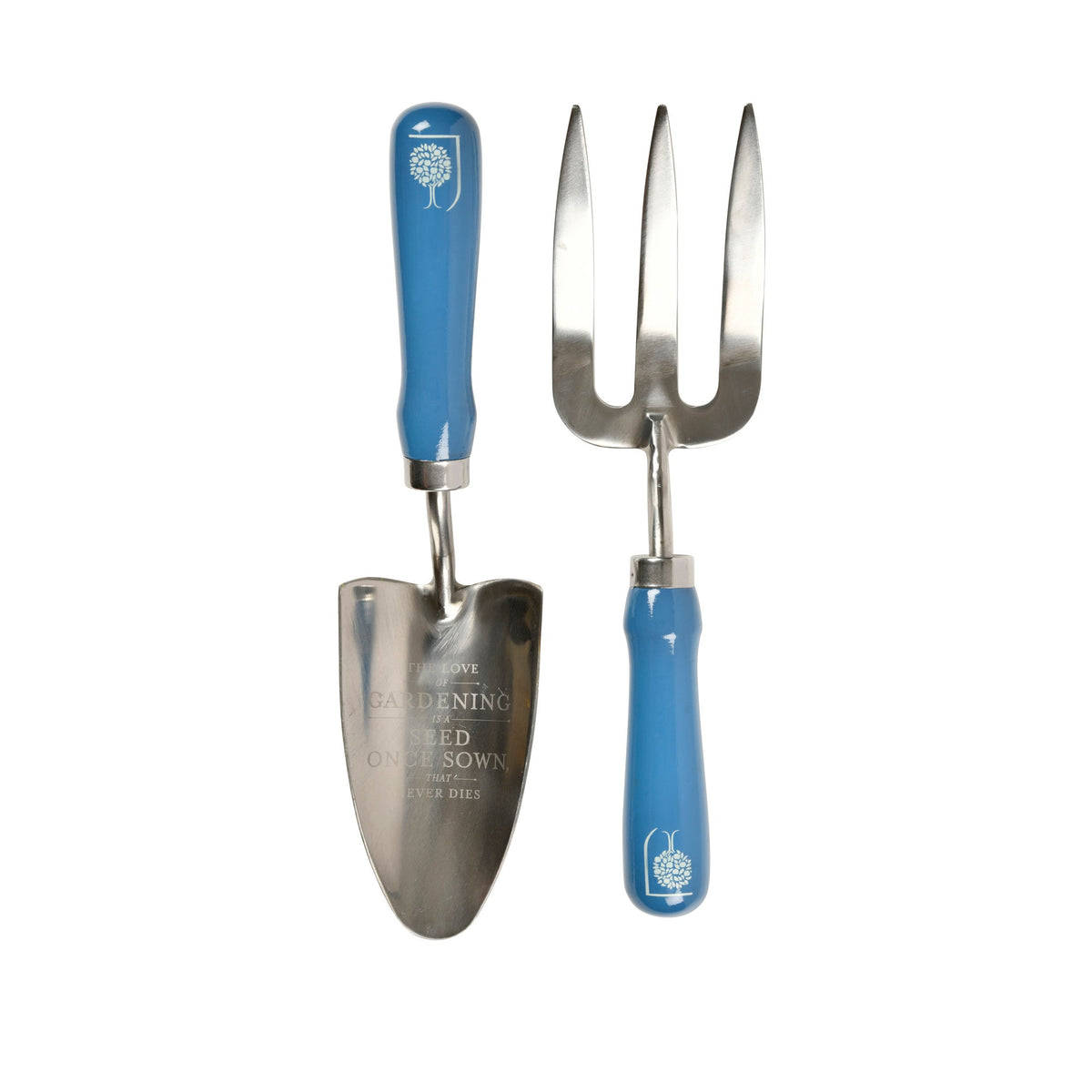 Blue-handled stainless steel trowel and fork gardening set with branded stamps