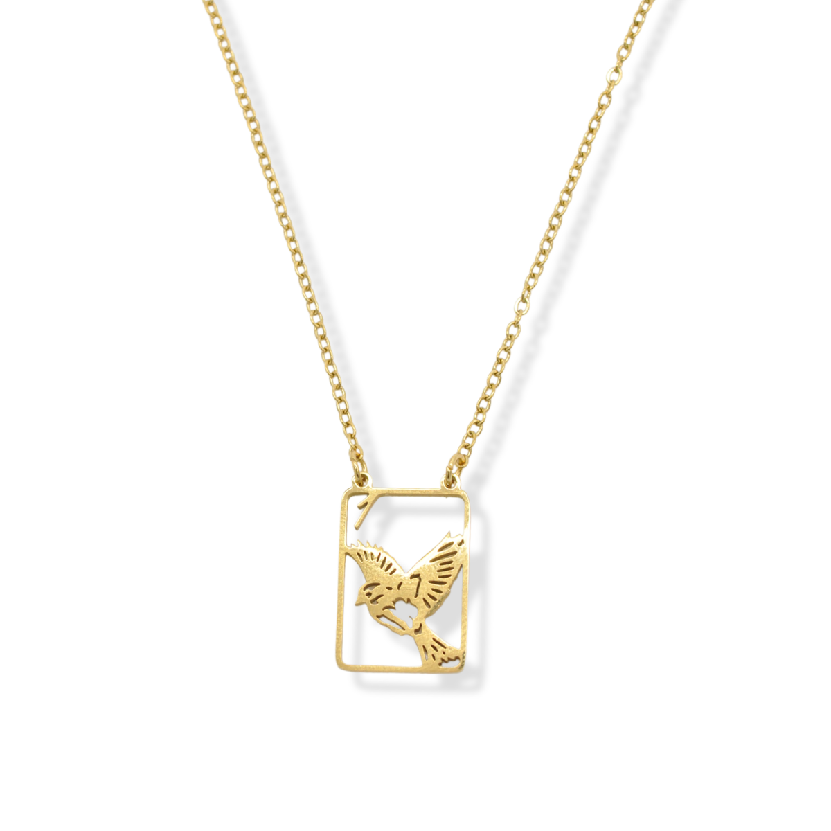 Gold necklace with square bird pendant, thin chain, centered view