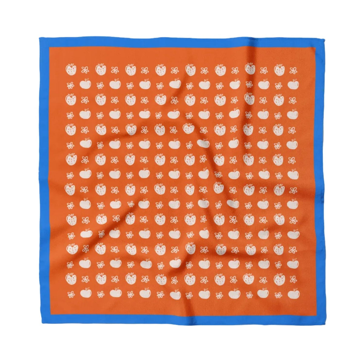 Orange cotton bandana with blue border and white tiny fruit pattern, square scarf.