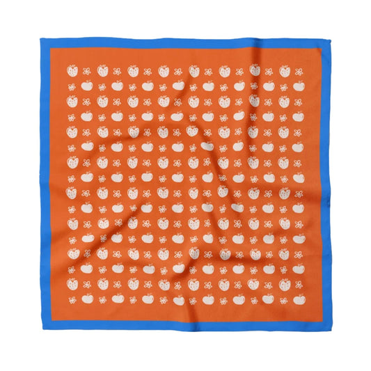 Orange cotton bandana with blue border and white tiny fruit pattern, square scarf.