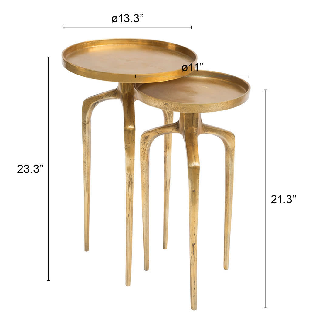 Two gold-tone metal accent tables with round tray tops; dimensions shown for both tables.