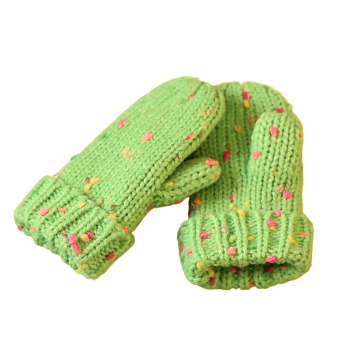 Green speckled knit mittens with ribbed cuffs