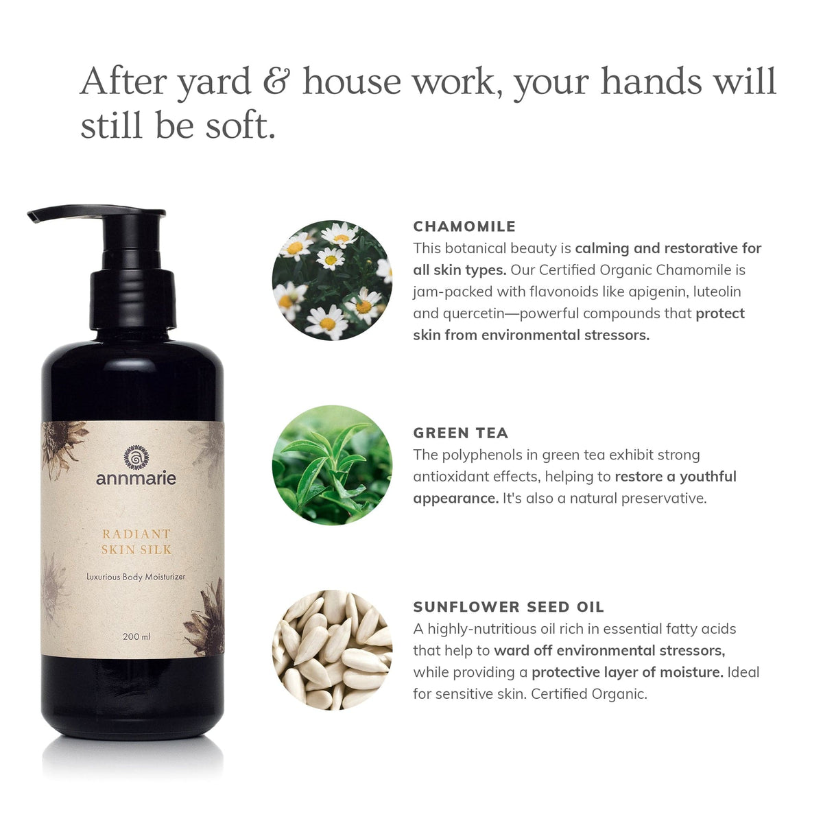 Radiant Skin Silk body lotion bottle with ingredient icons, 200 ml