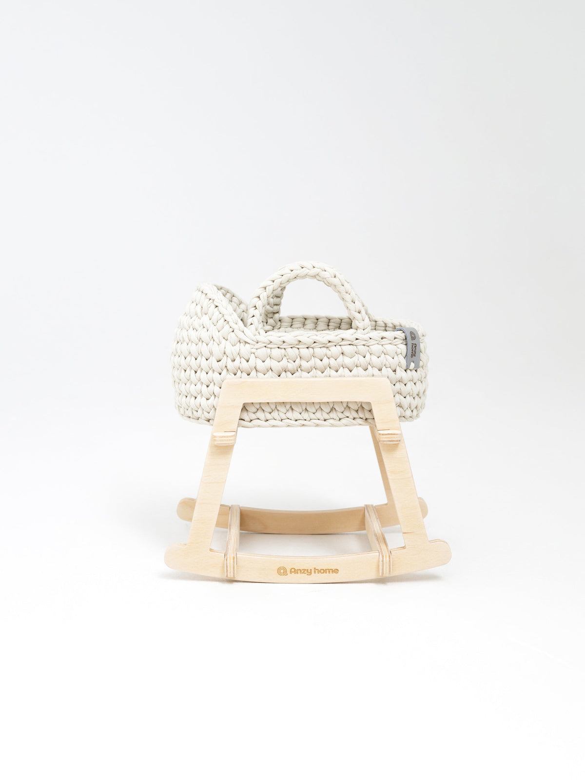Mini doll moses basket with rocking stand, cream woven basket with curved handle