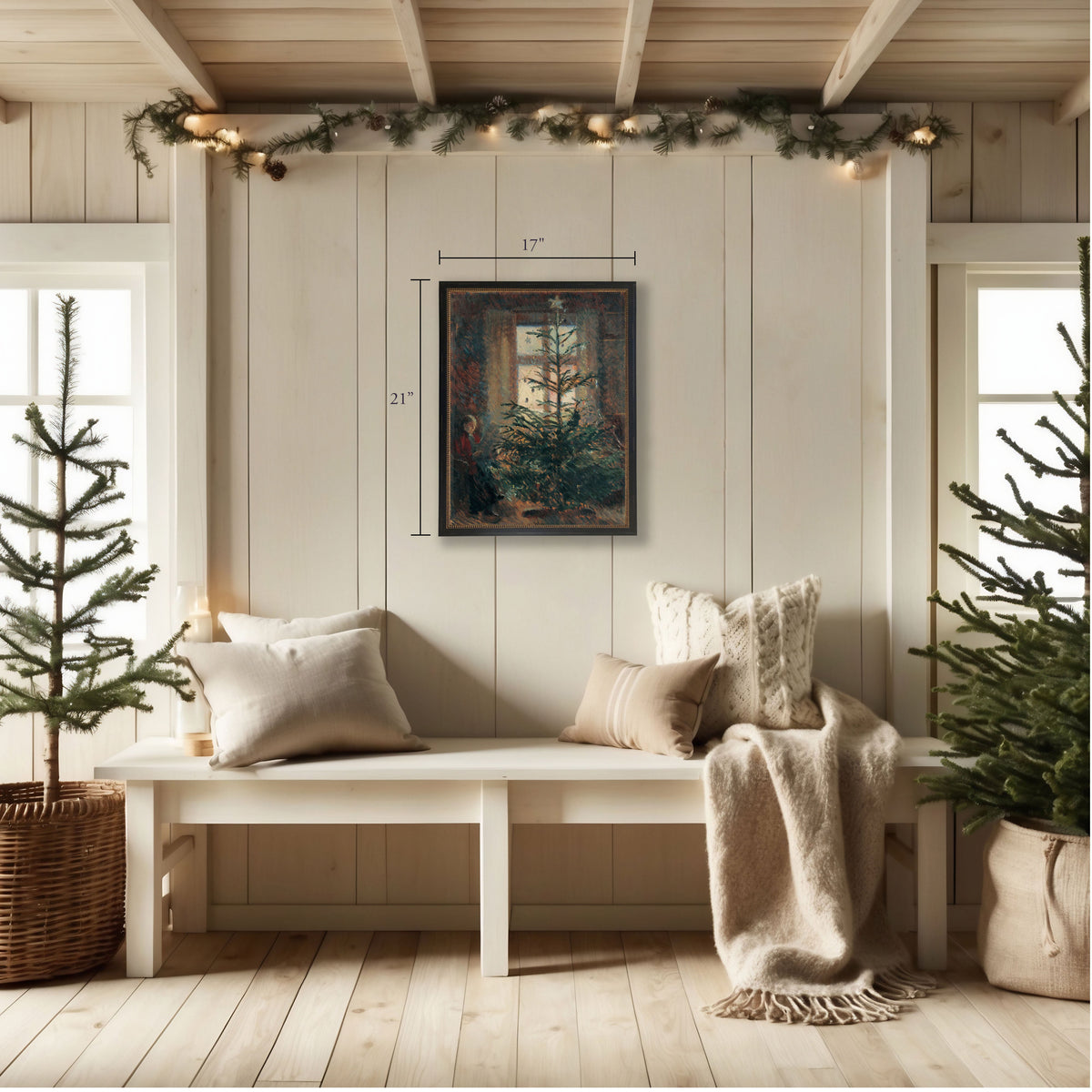 Framed oil painting in a dark beaded frame hanging on a wall in a living room